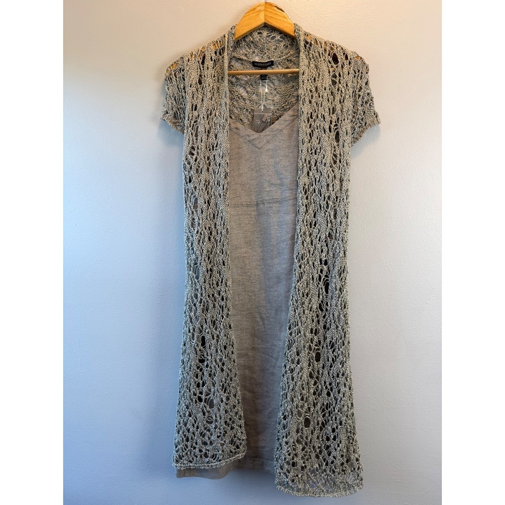 Eileen Fisher New XXS Rustic Luster Linen Dress & Knit Duster Cardigan Set Grey
